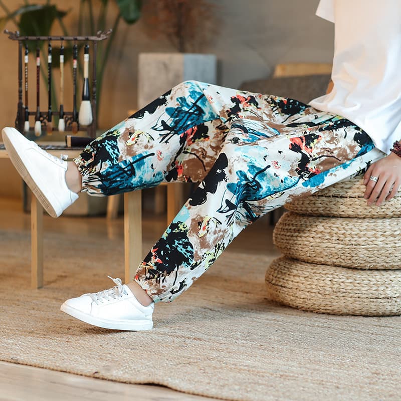 Chinese Style Collection Spring Summer Cotton Linen Harem Pants Fashionable Plus Size Cropped Pants Floral Loose Drop Crotch Pants for Men