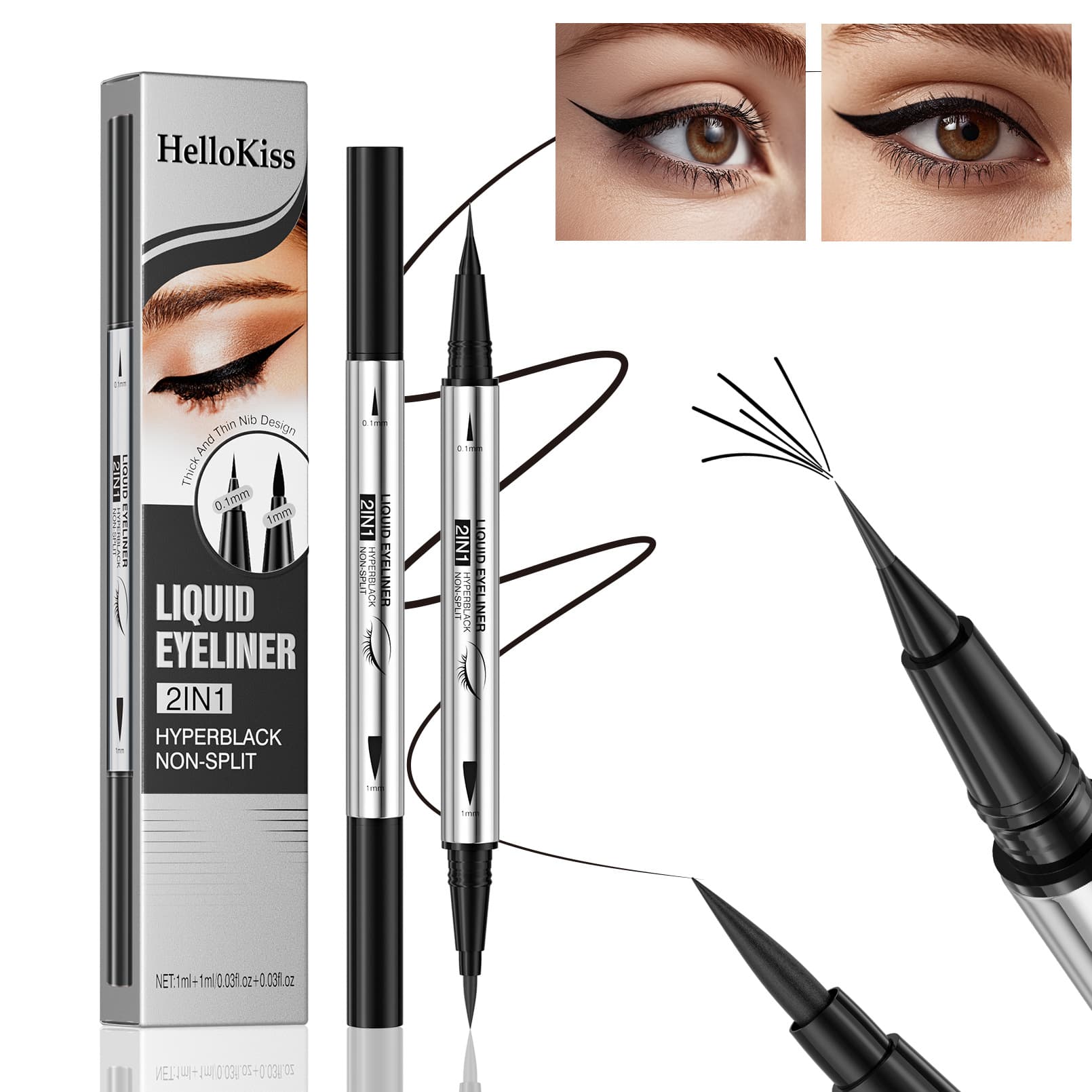 Hello Kiss Eyeliner Pen Fine and Thick Dual-Ended Waterproof Sweat-Proof Smudge-Proof Liquid Eyeliner Cross-Border Cosmetics