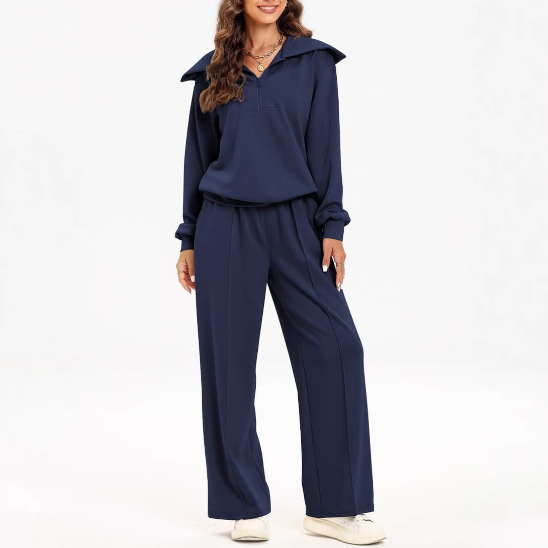 In Stock Europe and the United States Cross-Border New Women's Half-Zip Long-Sleeve Top Elastic Waist Wide-Leg Pants Two-Piece Set