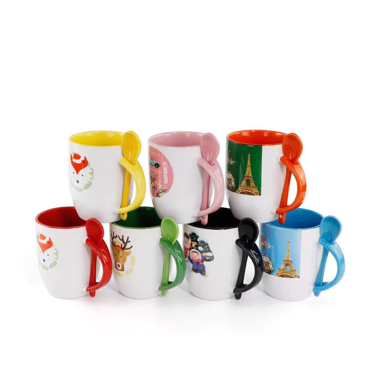 Customized Hotel Logo Photo High-Value Souvenir Water Cup Ceramic Mug with Tapered Inner Color Handle and Spoon Insert