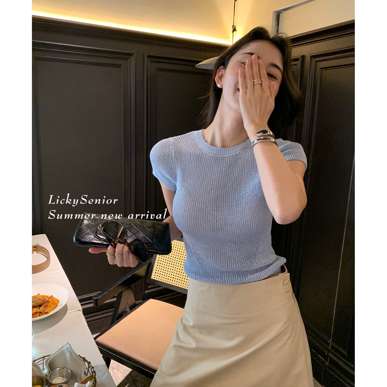 LickySenior Soft Scented Paper Yarn Knitwear Women's Fashion Short Sleeve Polo Neck Princess Sleeve T-Shirt Spring 2025