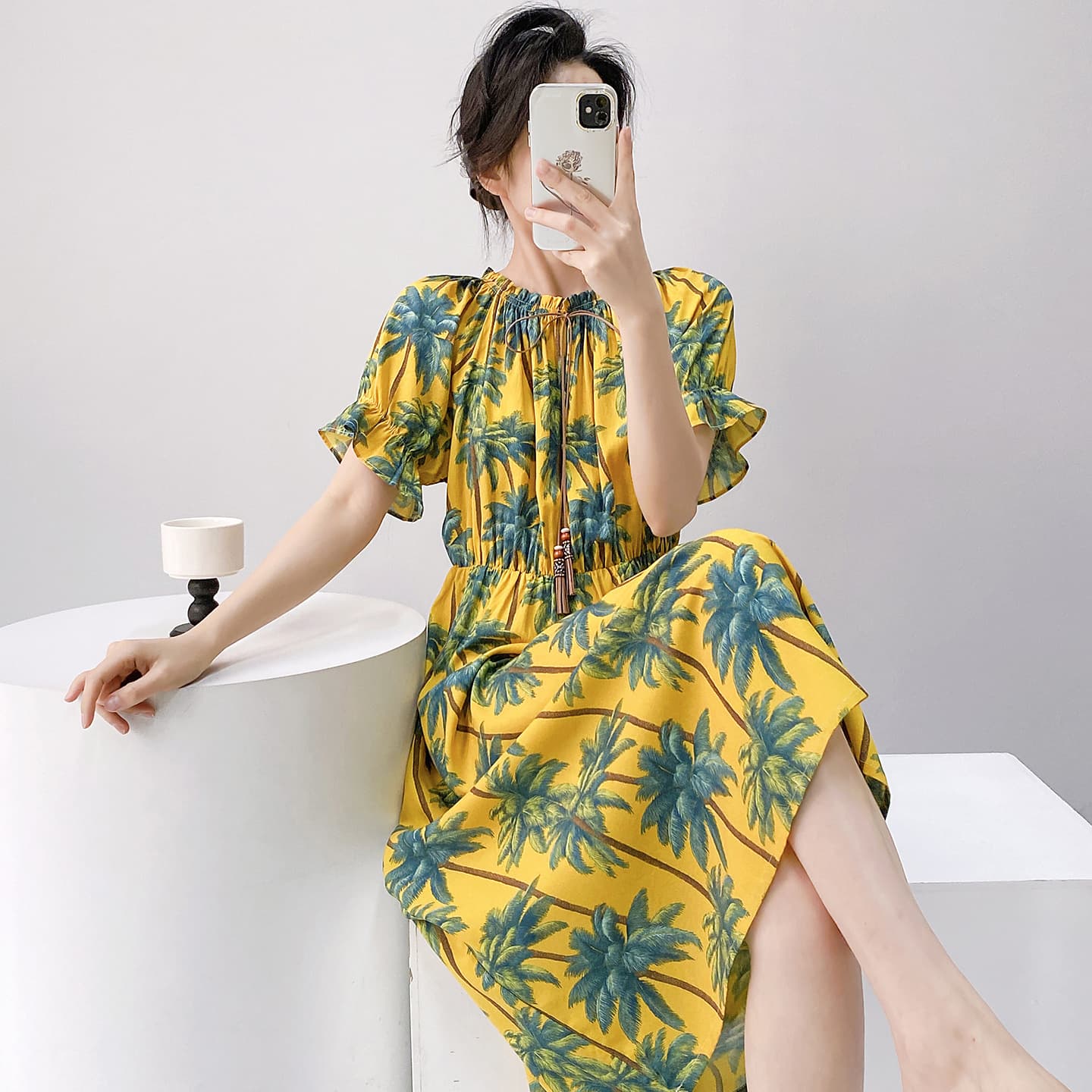 Cotton Silk Nightgown for Women, Summer Short Sleeve, Slimming, Wearable Outside, Long Dress, Artificial Cotton, One-Shoulder, Slimming, Beach Dress, Loungewear