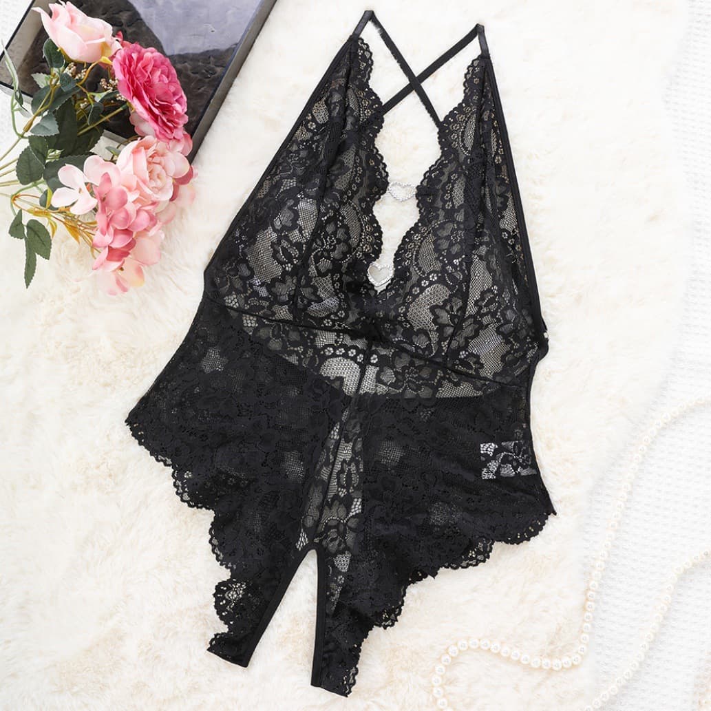 Cross-border European and American sexy lingerie women's lace see-through love backless jumpsuit sexy flirting fun uniform