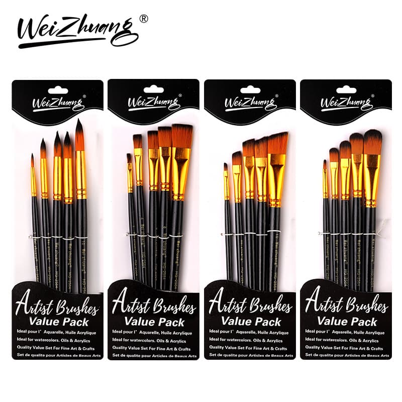 Cross-border Black Wood Handle 5-Piece Brush Set Watercolor Brush Nylon Hair Brush Student Painting Oil Brush
