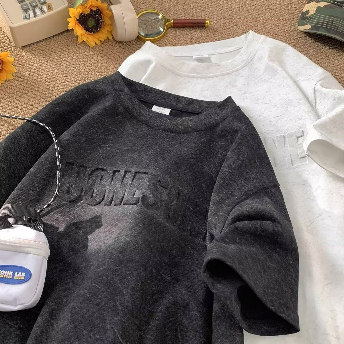 Washed Vintage T-Shirt Retro Korean Style Unisex Oversized Plus Size Couple Short Sleeve T-Shirt Trendy