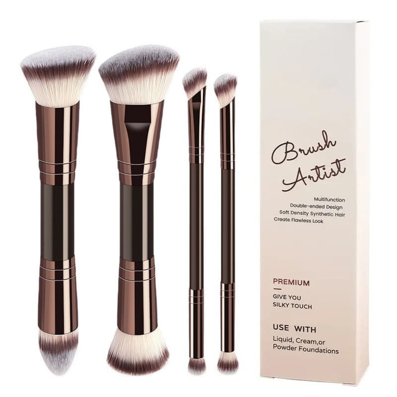 Cross-Border Best-Selling High-Quality Double-Ended Makeup Brush Set with Wooden Handle, Three-Color Soft Bristles, Foundation Brush Kit, Factory Stock