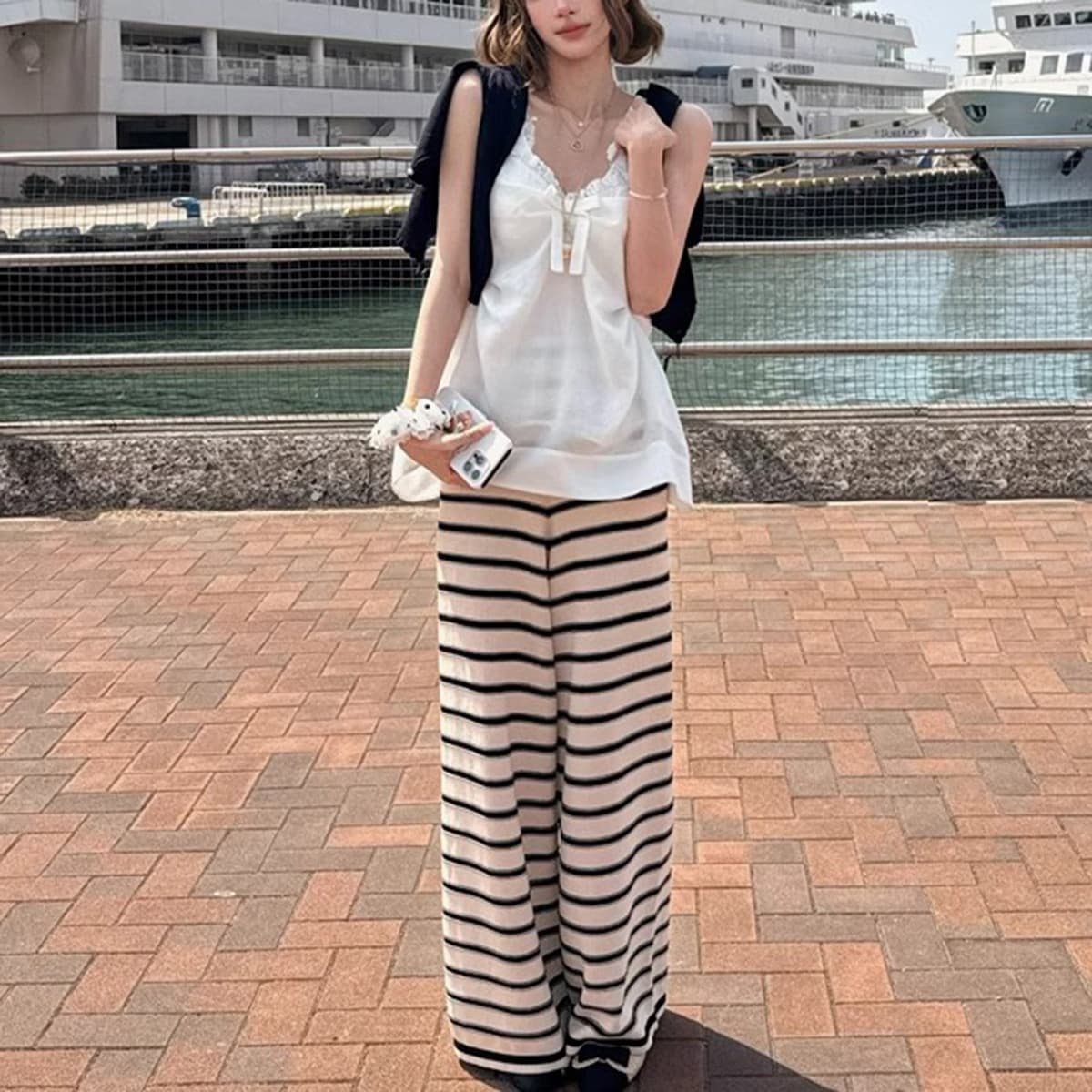 In Stock New Version Navy & Girl Color Scheme 3D Stripe Wide Leg Knit Pants Petite Fit Pink