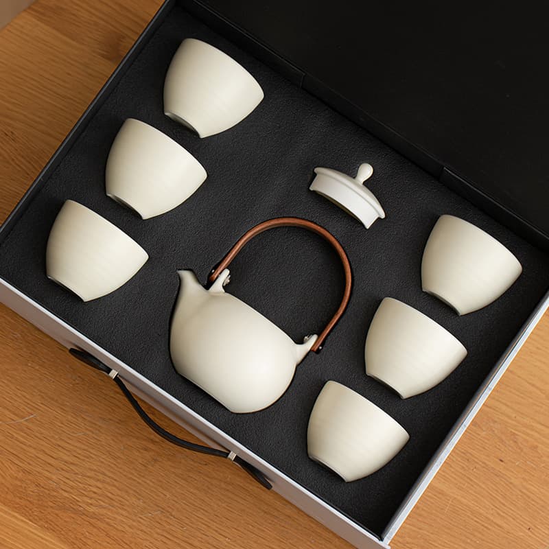 Japanese Cream-Colored Hanging Handle Tea Set, Ceramic Home Use Minimalist Teapot for Afternoon Tea, Souvenir Gift