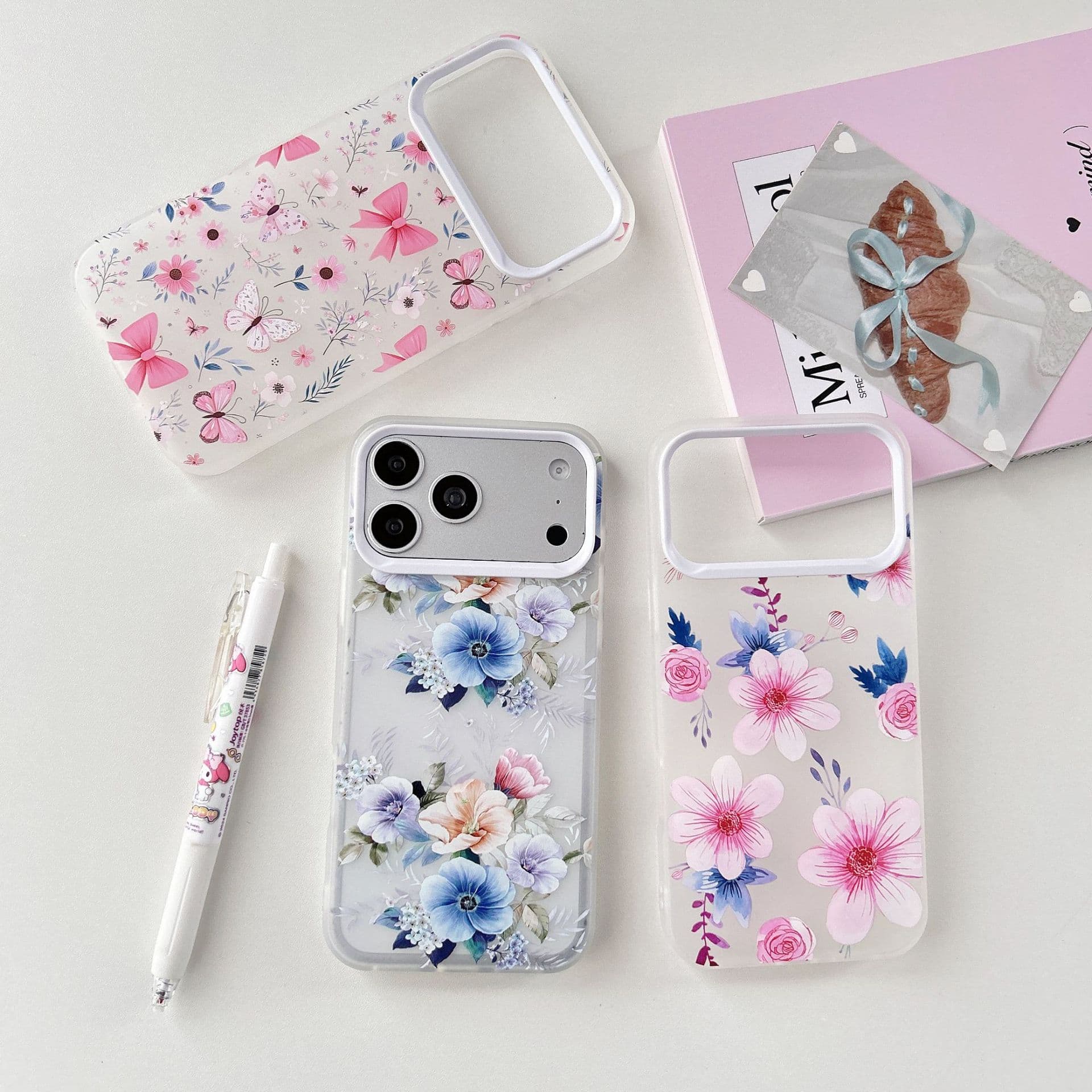 Premium floral design compatible with iPhone 16 Pro Max, iPhone 15, soft case for iPhone 14/13, pink/blue flowers, iPhone 17 Pro, women