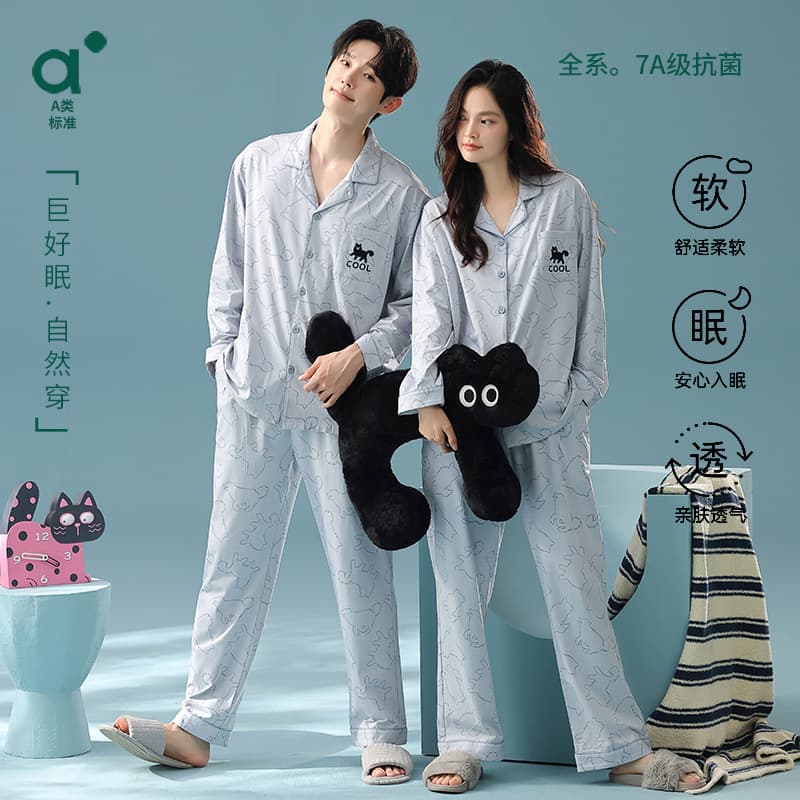 [Antibacterial Cotton] Autumn Pure Cotton Long-Sleeved Couple Pajamas Cat Simple Drawing Cardigan Men and Women Home Clothes