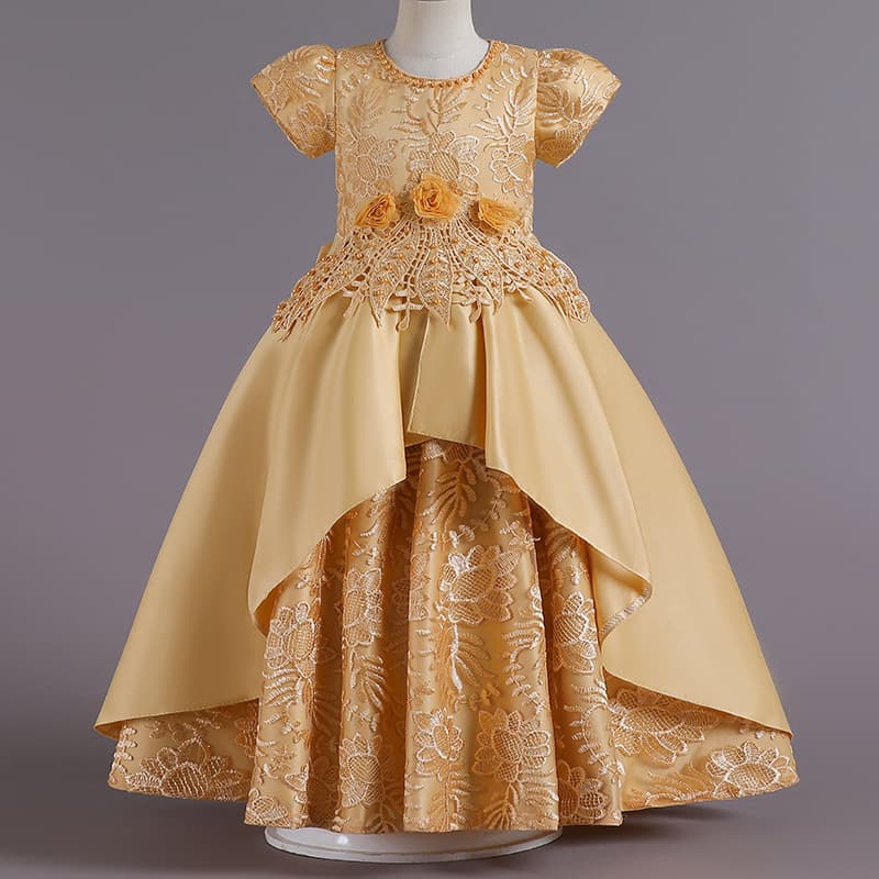 New European and American Style Long-Sleeve Hot-Selling Children's Dress Light Luxury Satin Embroidered Fashionable Girls' Formal Dress