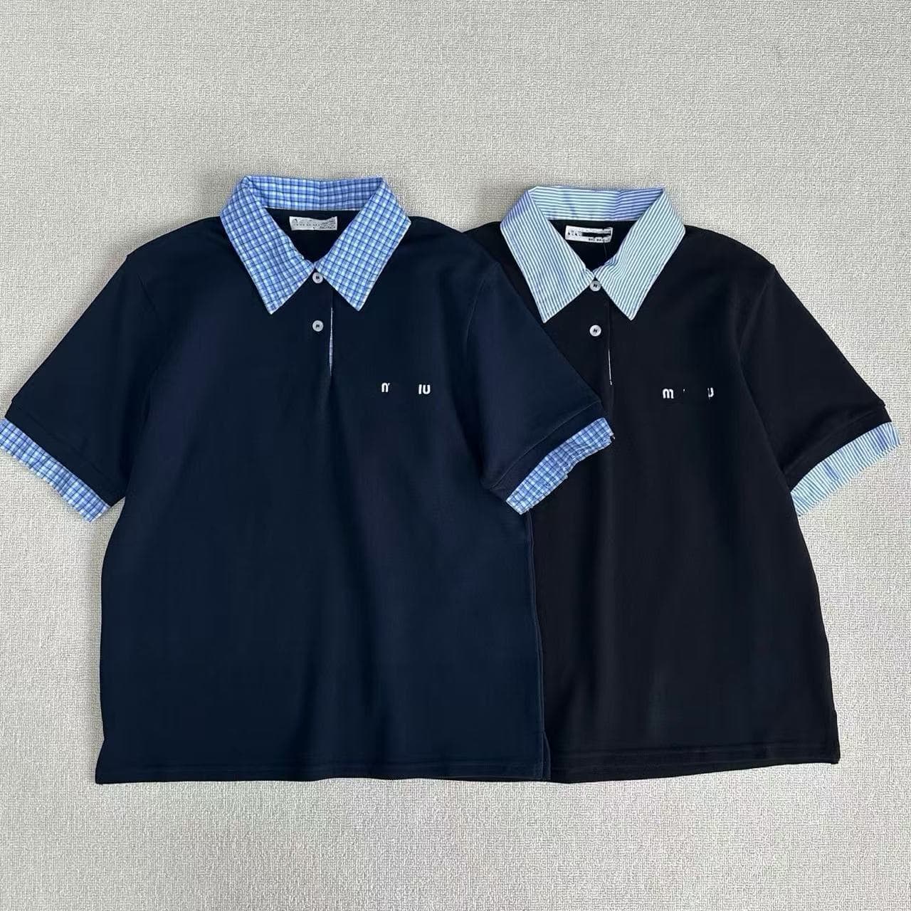 New Product Miu Summer Short-Sleeved Polo Shirt with Letter Embroidery and Contrasting Plaid Top T-Shirt Retro Preppy Style Loose Fit