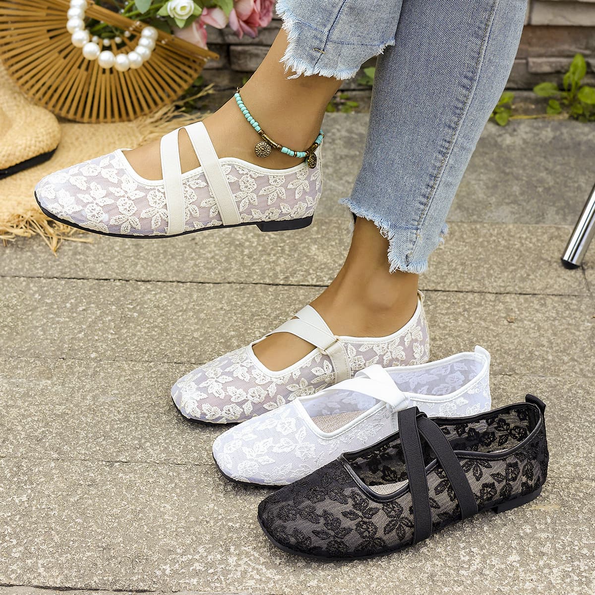 Cross-border Large Size Lace Flat Shoes for Women 2026 Summer New Mary Jane Shoes Mesh Vamp Slip-on Loafers