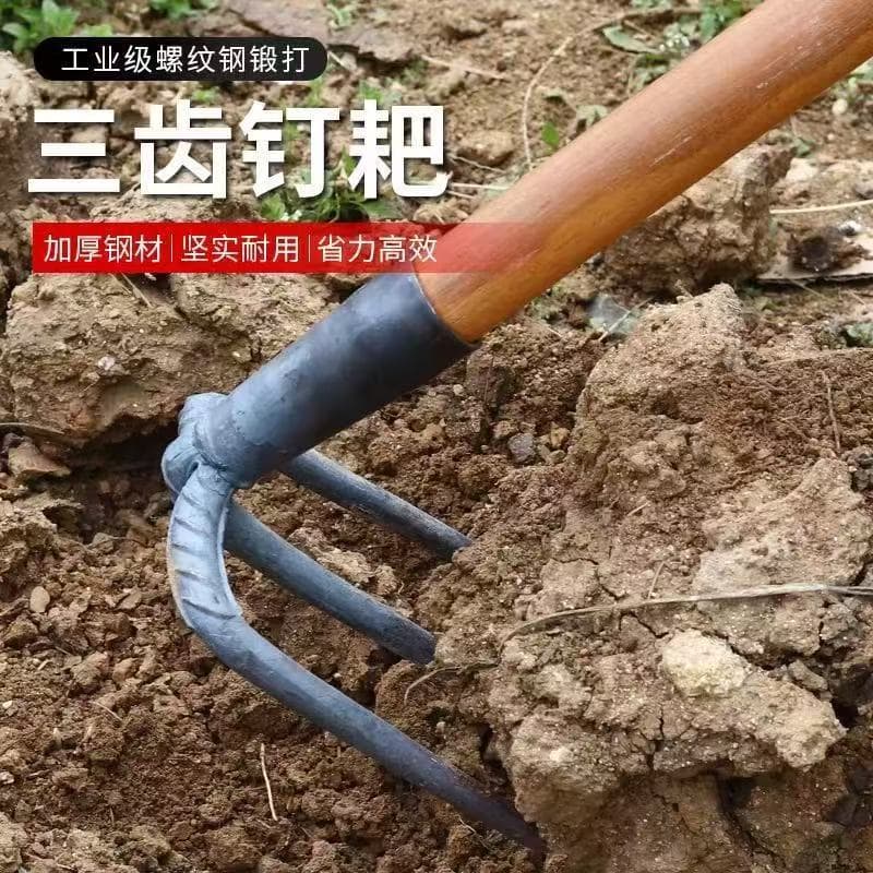 Forged three-prong rake for plowing, two-prong and four-prong rakes for loosening soil, three agricultural tools, all hand-forged