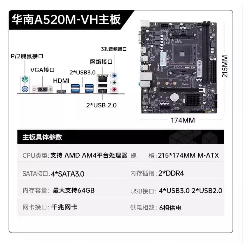 Huananzhi A520M-VH Desktop Motherboard AM4 Socket Gaming SATA3.0 64GB PCI Express 3.0
