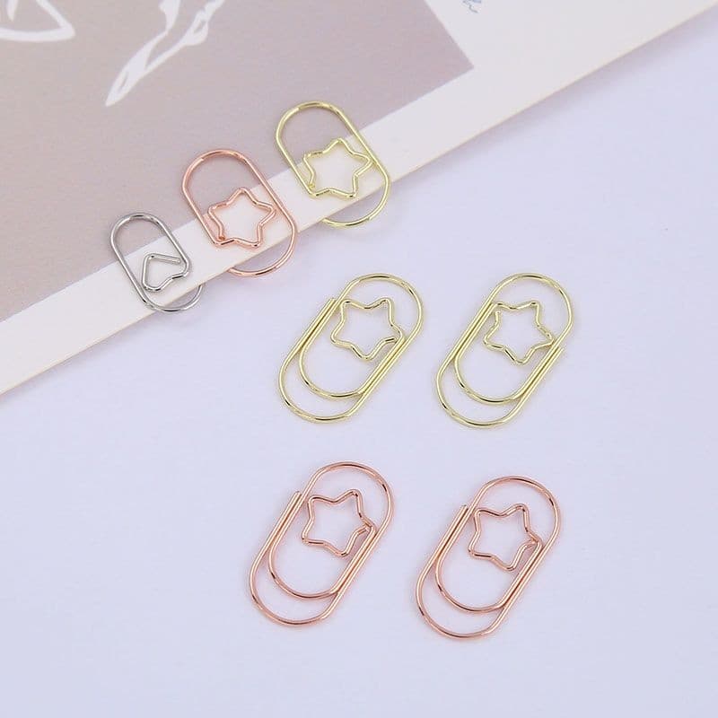Factory hot-selling metal star and heart paper clips, electroplated gold and rose gold paper clips, office paper clips wholesale