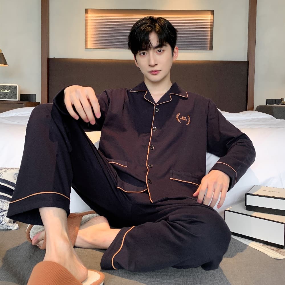 Premium Cotton Pajama Set for Men Spring Autumn New Long Sleeve Lightweight Full Cotton Home Wear Suitable for Outdoor
