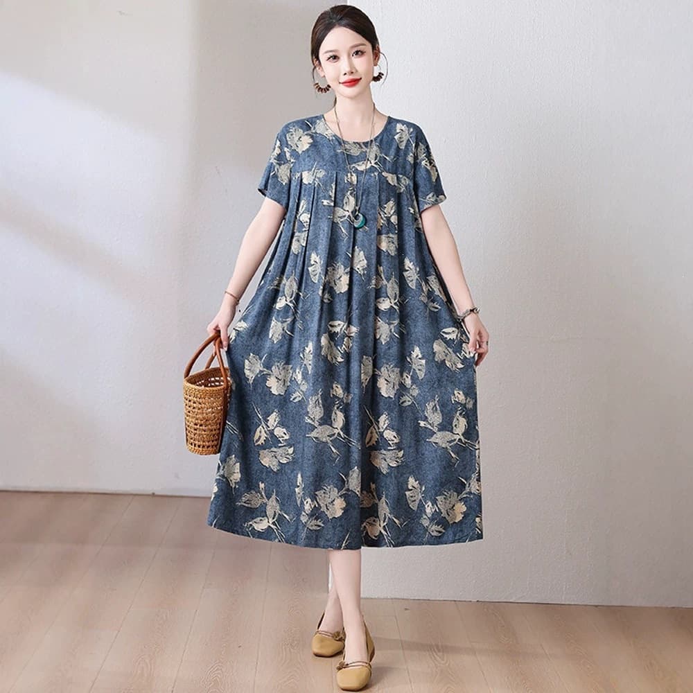 Thin Cotton Silk Dress Plus Size 200 Jin Mother Summer Artificial Cotton Loose Women Casual Long Dress