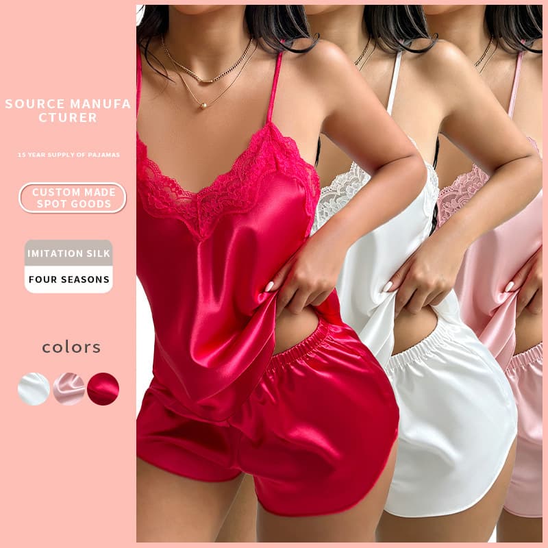 European American Style New Ice Silk Pajamas Women Camisole Pajama Pants 3-Piece Set Sexy Vest Women's Thin Loungewear
