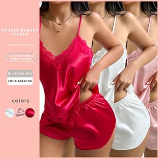 European American Style New Ice Silk Pajamas Women Camisole Pajama Pants 3-Piece Set Sexy Vest Women's Thin Loungewear