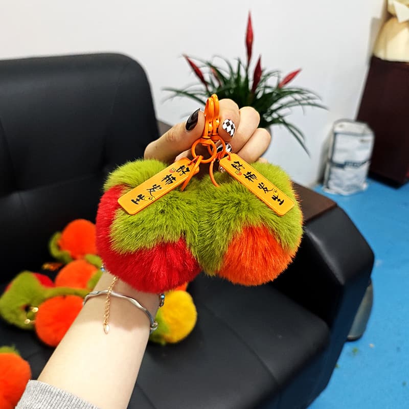 Faux Rex Rabbit Fur Persimmon Cute Bestseller Good Things Happen Plush Pendant Car Keychain Bag Gift Charm
