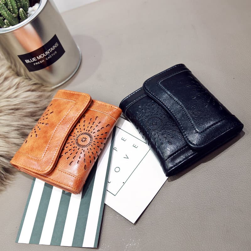 European and American New Style Women's Vintage Wallet Hollow Card Holder Fashion Tri-fold Wallet Short Wallet Factory Wholesale