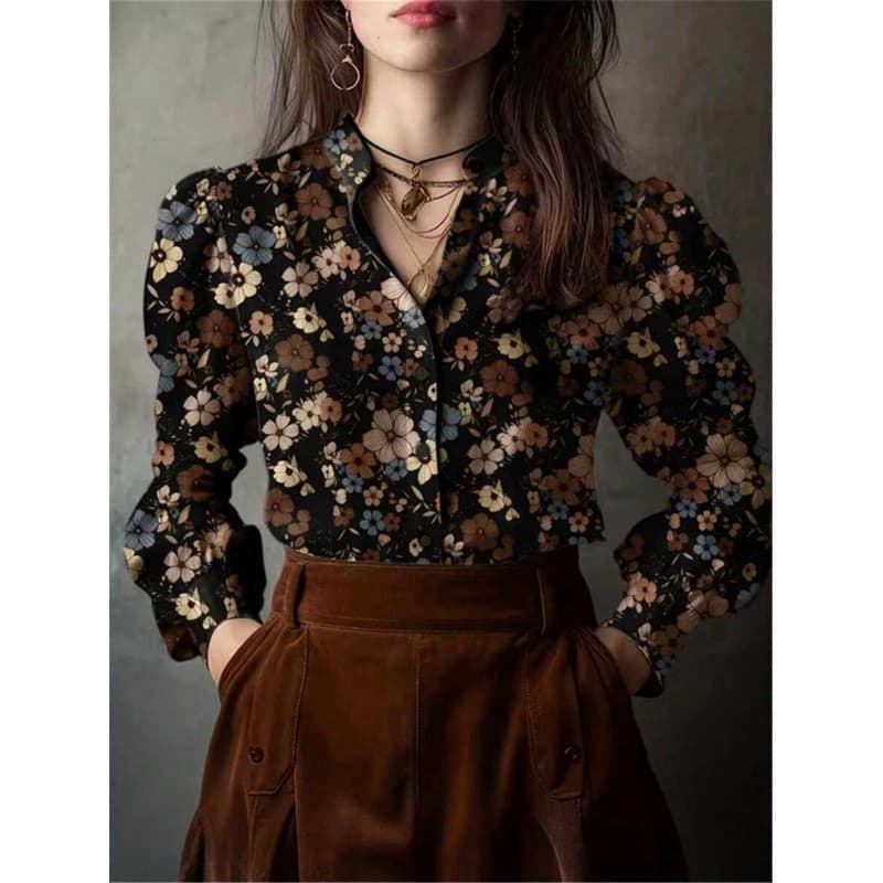 2026 Fall New Arrival Sweet Floral Casual Button-Up Long-Sleeve Shirt for Women - Amazon Cross-Border US/EU