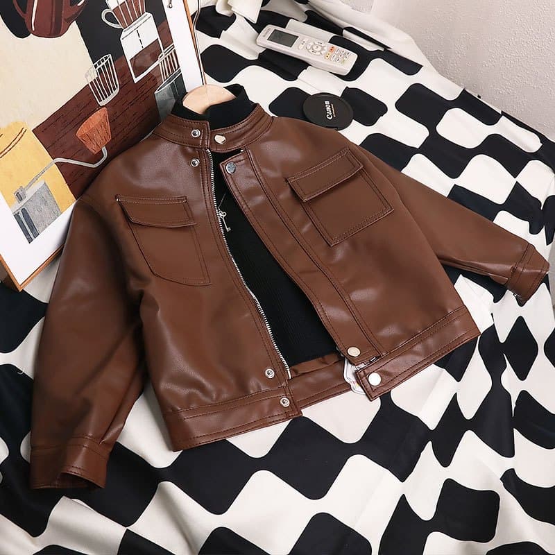 Leather jackets for boys and girls, coffee-colored jackets for middle-aged and older children, spring and autumn style, baby boys, children's leather jackets, soft leather, handsome and trendy