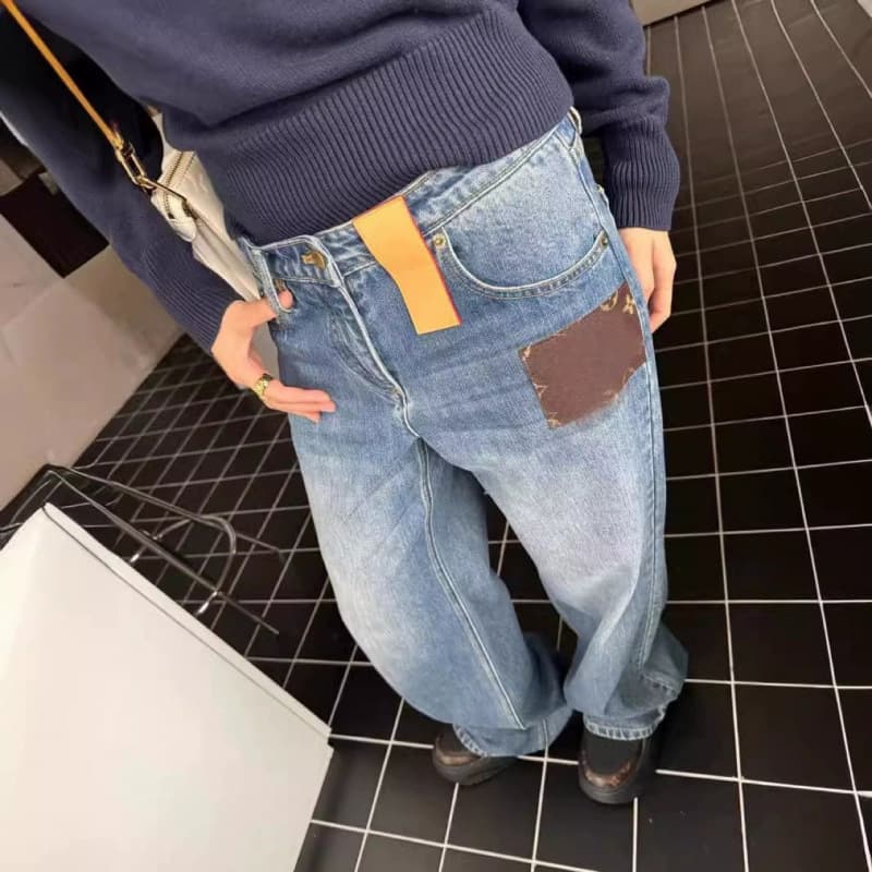 Monogram Wide Leg Jeans Vintage Mid-High Waist Washed Blue Wide Leg Pants Straight Leg Pants Heightening Slimming Understated Trendy Style
