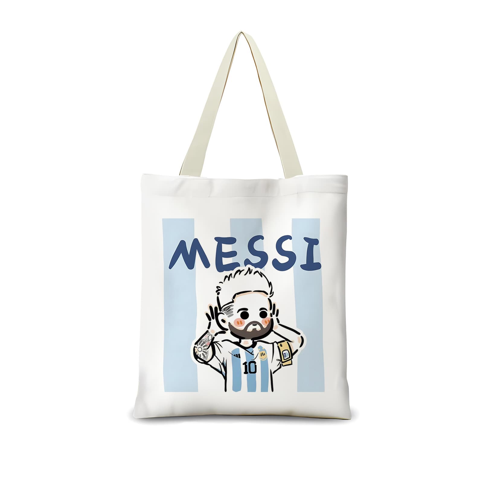 World Cup Champion Argentina Three-Star Messi Souvenir Canvas Bag Football Star Cartoon Customizable White Tote Bag