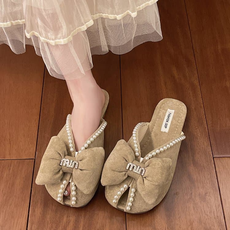 2025 Summer New Bow Toe-Covering Mules for Women Sweet Pearl Slip-On Casual Shoes Wholesale