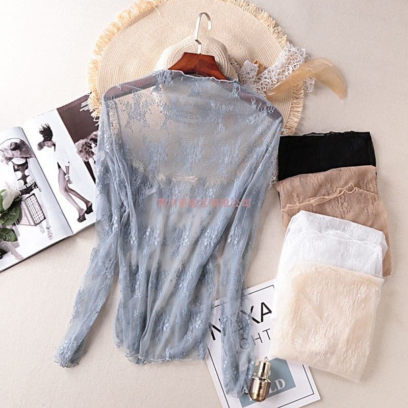 Long Sleeve Lace Camisole Top for Women, Sheer Mesh Inner Layer, Fairy Style, Spring Autumn Korean Fashion, Fleece-Lined, Versatile, Spandex