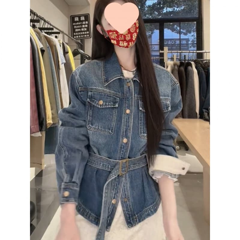 2026 Spring New Retro Washed Denim Jacket Lapel Lapel Tie Waist Slimming Versatile Jacket Top
