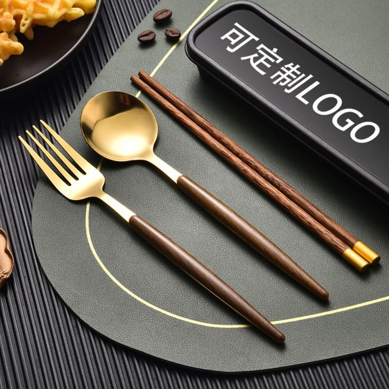 Stainless Steel Fork, Chopsticks, and Spoon Portable Cutlery Set Student Outdoor Dining 3-Piece Gift with Custom Logo Printing