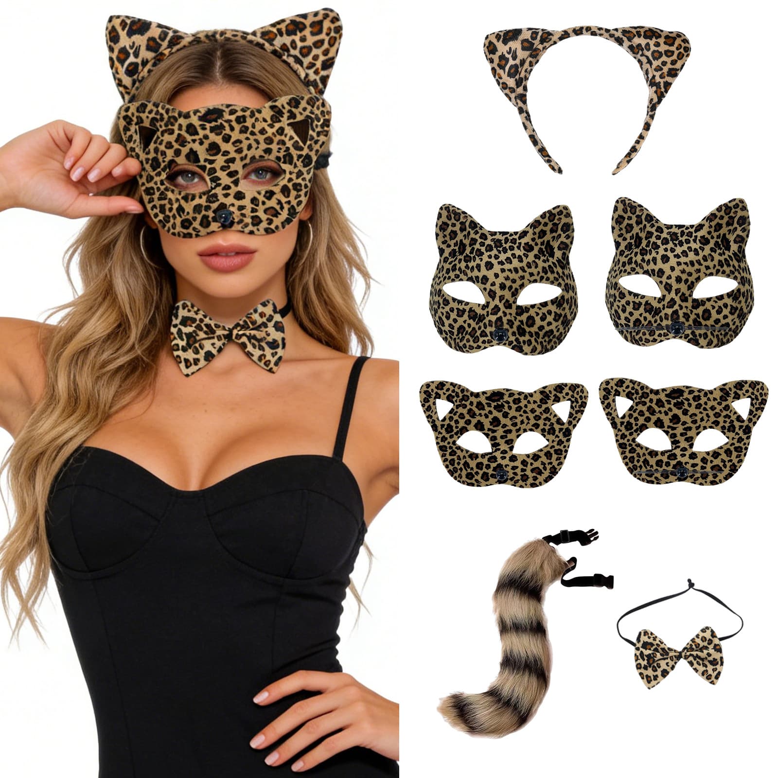 New Cat Ear Headband Cat Tail Bow Tie Cat Face Mask Leopard Print Set Cosplay Cat Girl Masquerade Costume