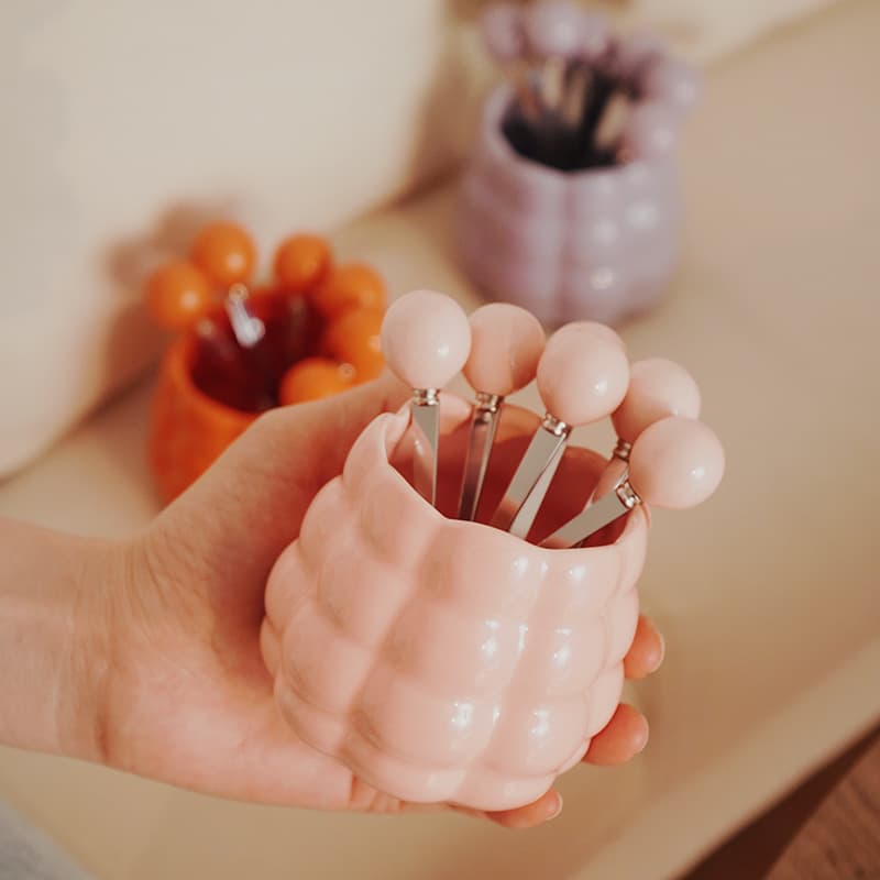 Cream Style Ceramic Fruit Forks Light Luxury Set High Aesthetic Stainless Steel Fruit Picks Home Decor Storage Holder Wholesale