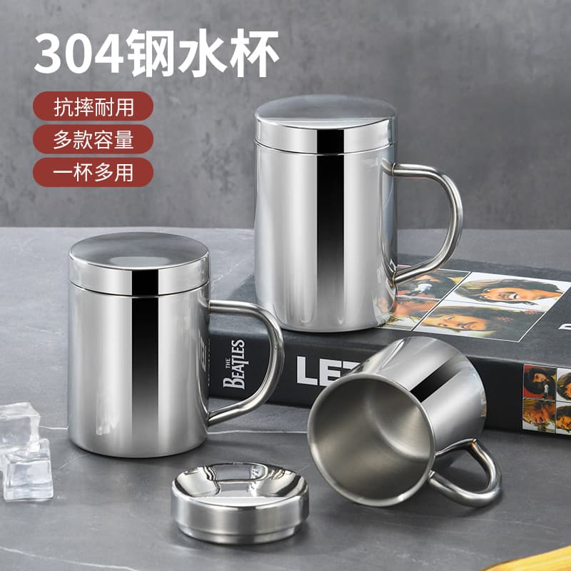 304 stainless steel mug with lid, double-layer insulated cup for children and students, handle-equipped coffee and water cup