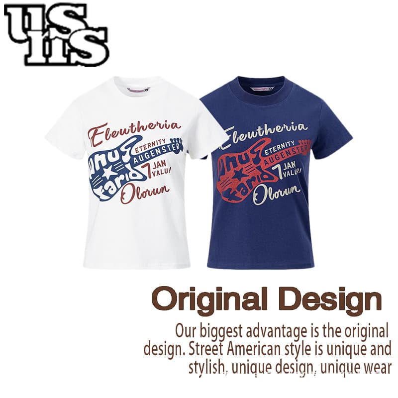 American Retro Original Rock Guitar Print Regular Shoulder Short Sleeve T-Shirt for Women Summer Round Neck Top