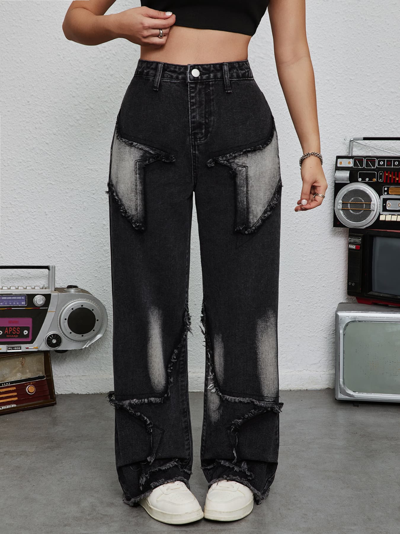 Cross-border stock for Amazon EU/US, Teen Girls Five-Point Star Patch Decor Wide-Leg Jeans