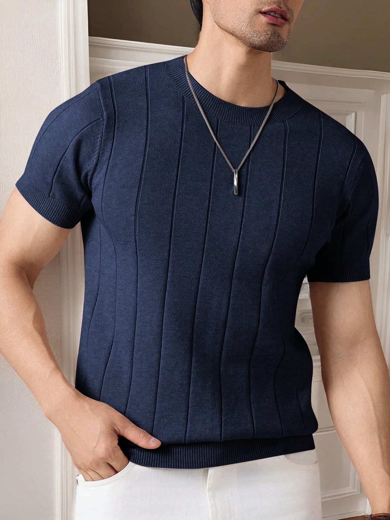 Cross-border Ice Silk Knitted Men's T-Shirt Short Sleeve Solid Color Summer Casual Fashion Top