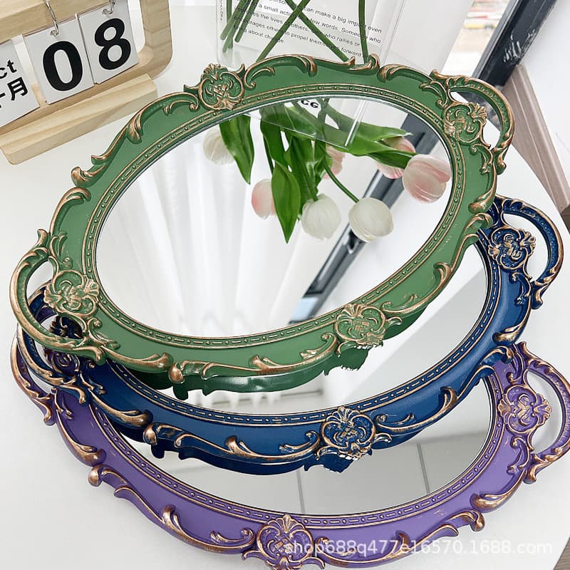 Vintage European French Style Mirror Tray Dollhouse Prop Relief Jewelry Storage Wedding Dessert Table Decorative Tray