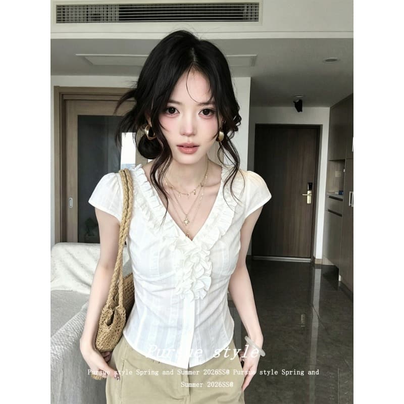 MR [Sand Washed Textured Fabric] French Edge Short Sleeve Shirt for Women Summer White V-Neck Blouse Waist-Cinching Top