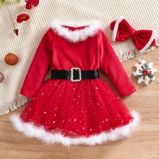 2023 Cross-border Christmas Dress for Girls Long Sleeve Star Mesh Tulle Princess Dress with Fringe