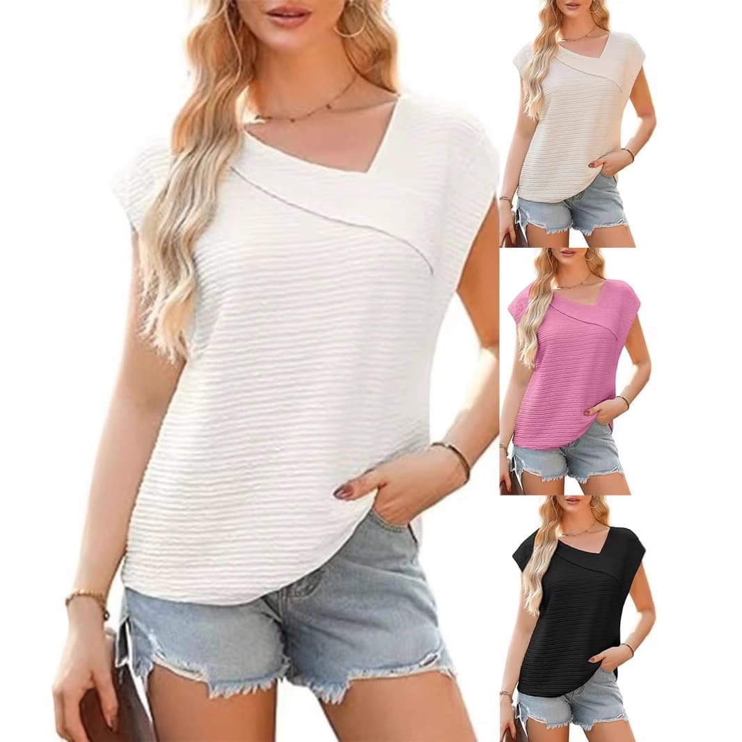 Amazon 2026 European and American Cross-border Women's Summer Fashion Asymmetric Neck Short Sleeve Casual Blouse T-Shirt