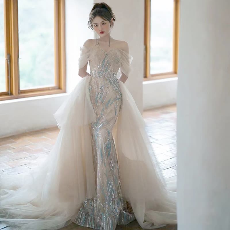Strapless Evening Gown Banquet Elegant High-End Host Custom Mermaid Train Dress 2026 New Spring