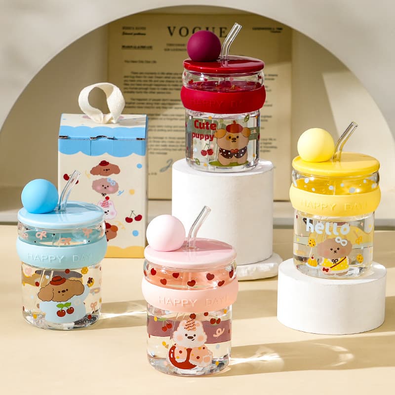 Cute Animal Glass Cup New High Appearance Large Capacity Straw Water Cup Student Cartoon Portable Heat-Resistant Straw Cup