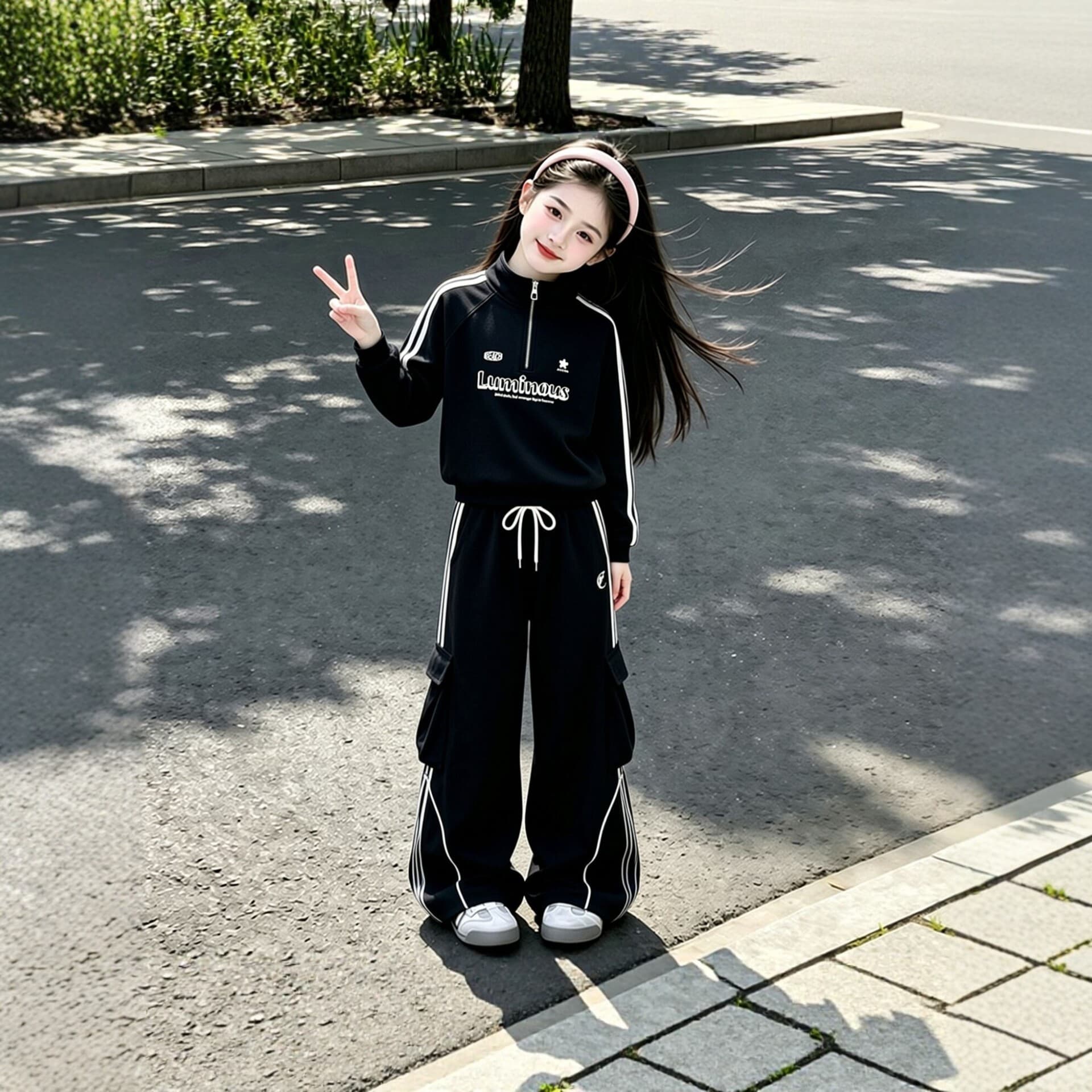 Girls Autumn Outfit Set 2026 New Half-Zip Sweatshirt for Older Kids Stylish Sportswear Two-Piece Set