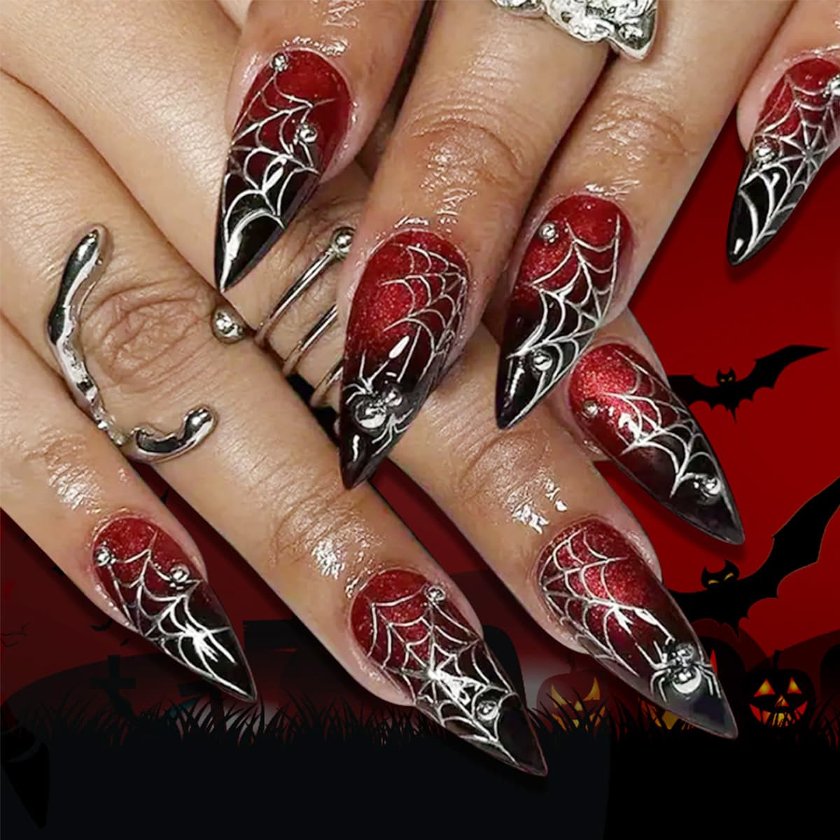 Halloween Nails Long Pointed Black Red Gradient Glitter Steel Beads Spider Web Glossy Detachable False Nails