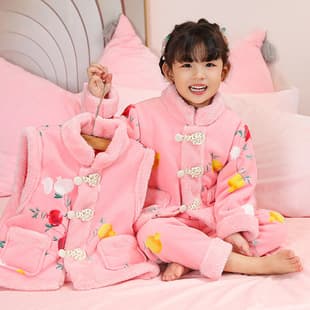 Autumn Winter Children Double Layer Thickened Fleece Pajamas Chinese Style Boys Girls New Chinese Home Wear Set Wear Out
