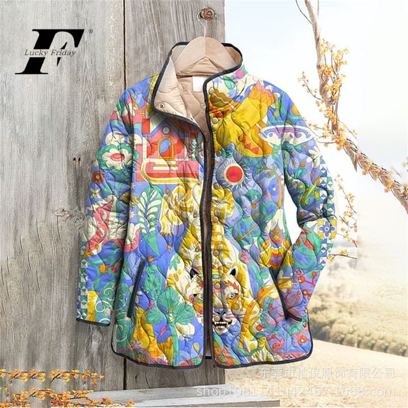 2025 New Style Stand Collar Pleated Cotton Sweatshirt for Women, Floral Pattern, 6 Buttons, Women's Cotton Sweatshirt